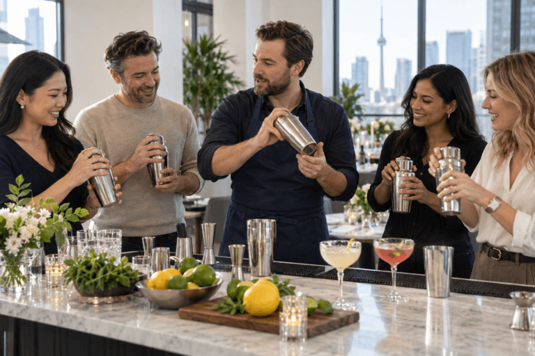 Illustration of a bartender leading a group cocktail-making workshop