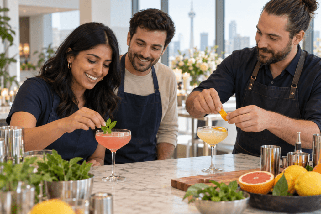 Illustration of a guest learning to measure cocktail ingredients
